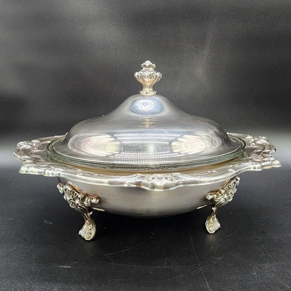 VTG Gorham Silver Plated Glass Insert Lidded Casserole Dish Footed Ornate